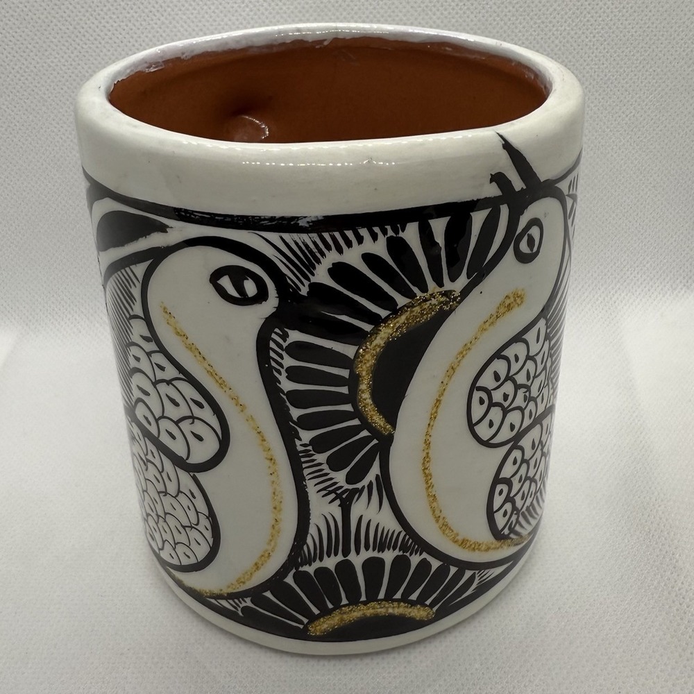 Vintage Mexican Folk Art Pottery Mug Hand‎ Painted Bird Black White Gold Ceramic